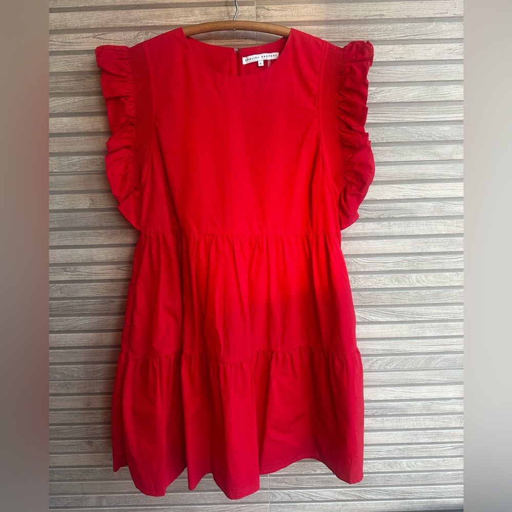 English Factory Red Sleeve Tiered Lined Mini Dress Cotton Blend Large Babydoll